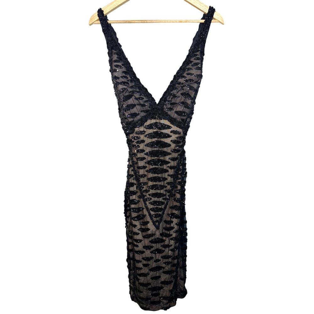 NWT Mandalay Black Silk Beaded Sequin Short Midi Evening Formal Dress Womens 10